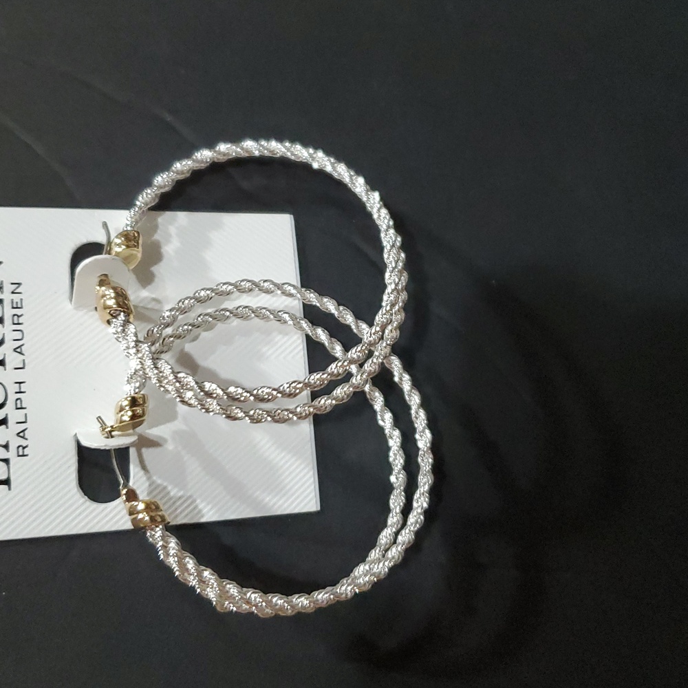 Lauren Ralph Lauren two Tone Rope Split gold and silver plated hoop Earrings new - Picture 5 of 9